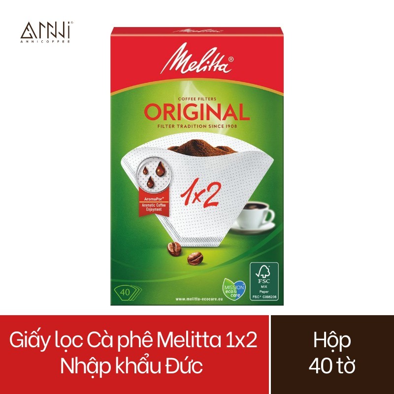 Giấy lọc Cà phê Melitta 1x2 Nhập khẩu Đức Hộp 40 tờ màu Trắng - Hàng chính hãng